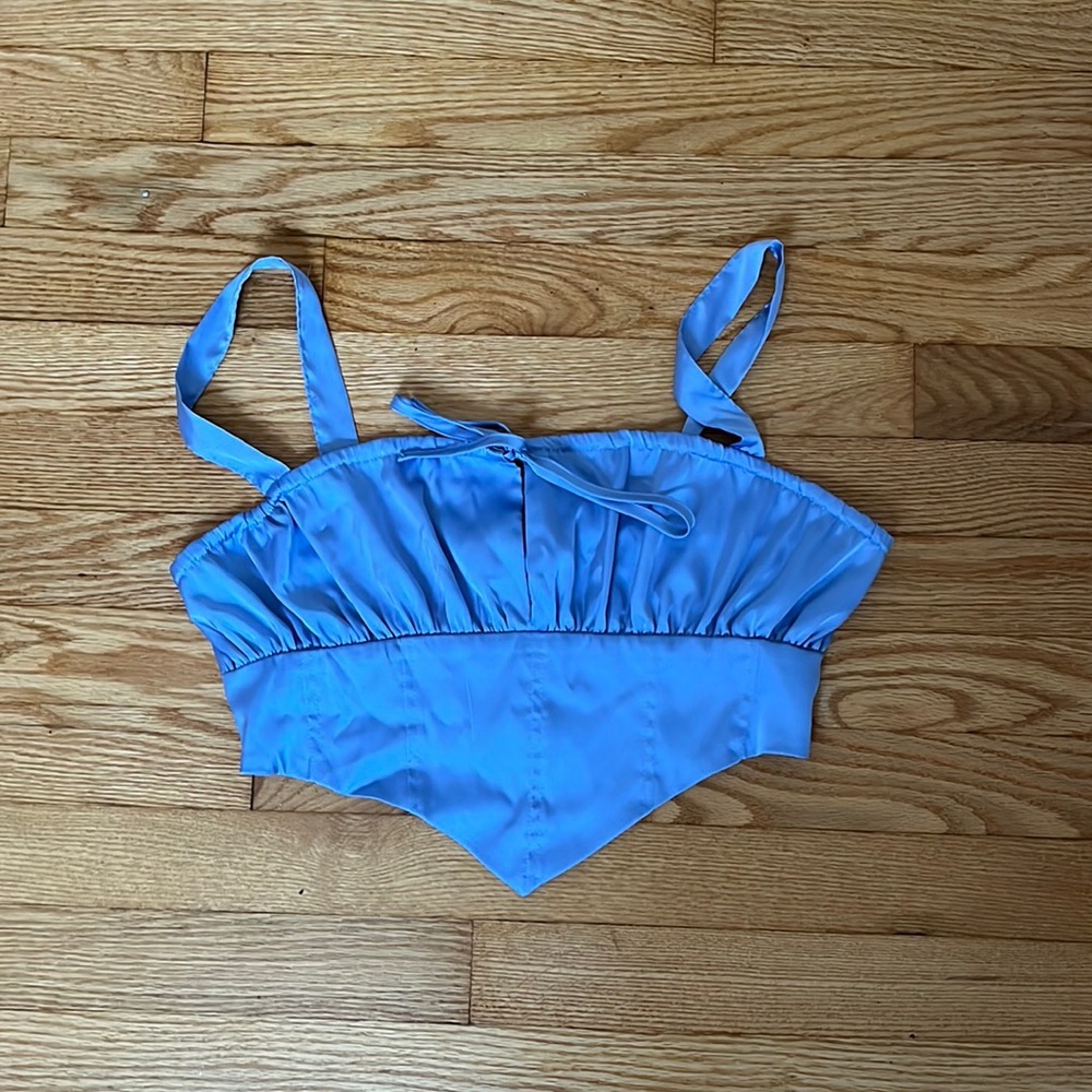 silk material, zipper back, front tie, cropped top